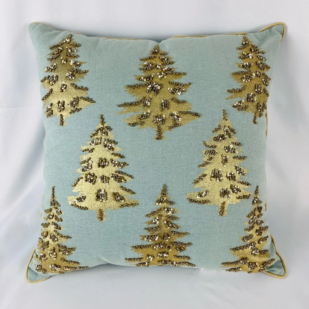 Liberty Beaded Christmas Holiday Tree Accent Throw Pillow Teal Gold Bronze